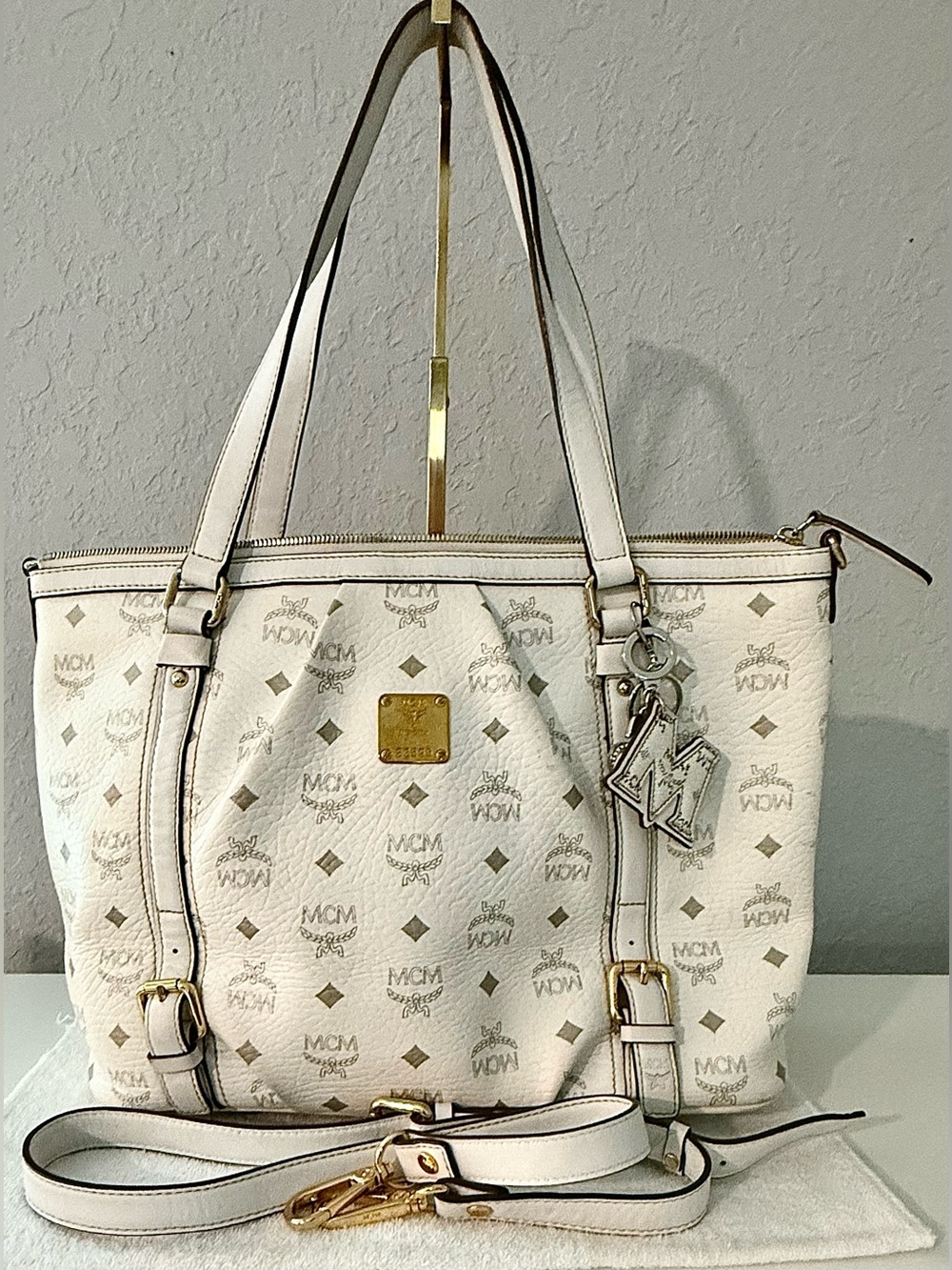 Classic MCM White and Cream Visetos Large Monogram Tote with Gold Hardware